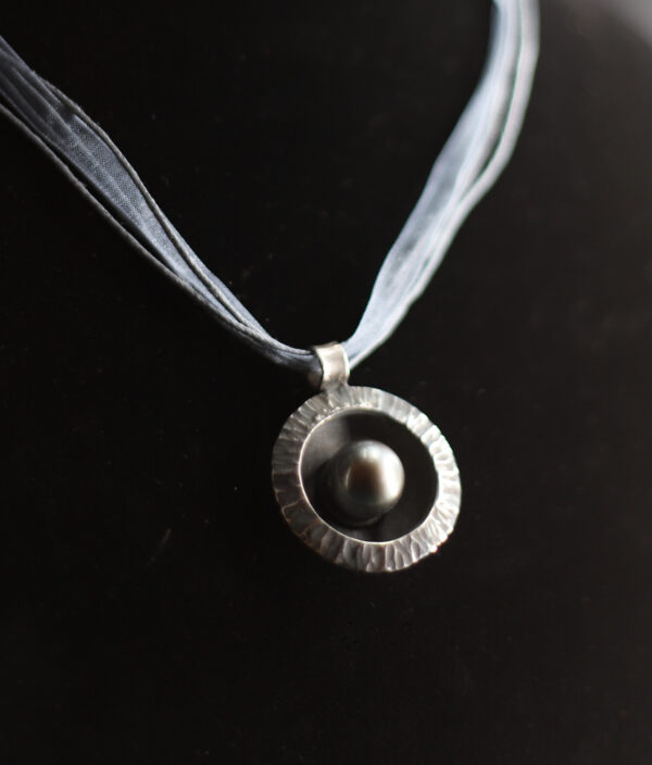 Black Pearl in Hammered Silver Bowl Pendant